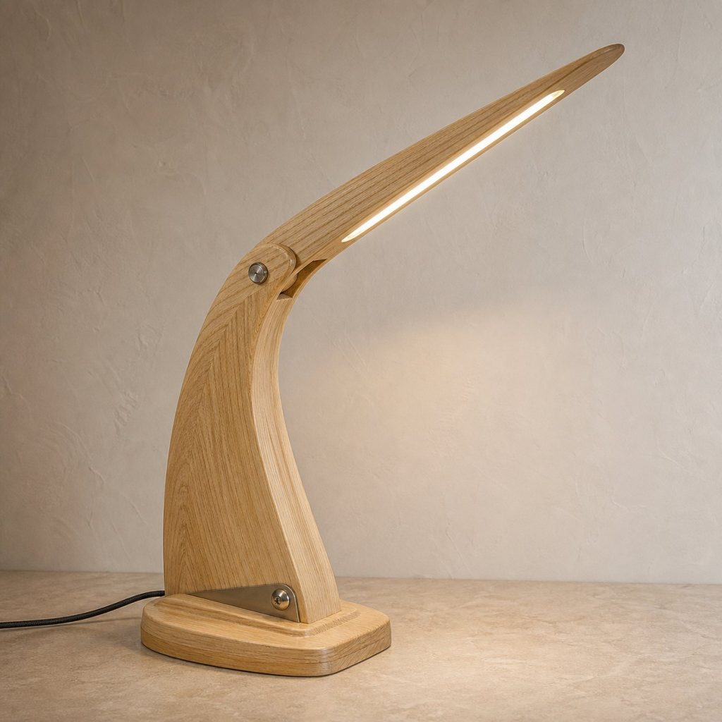 Shark-Fin Desk Task Lamp shown as an original square photorealistic shark lamp made from natural light-yellow wood with fine grain and warm diffused light
