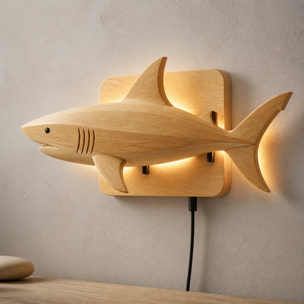 Swimming Shark Wall Sconce shown as an original square photorealistic shark lamp made from natural light-yellow wood with fine grain and warm diffused light