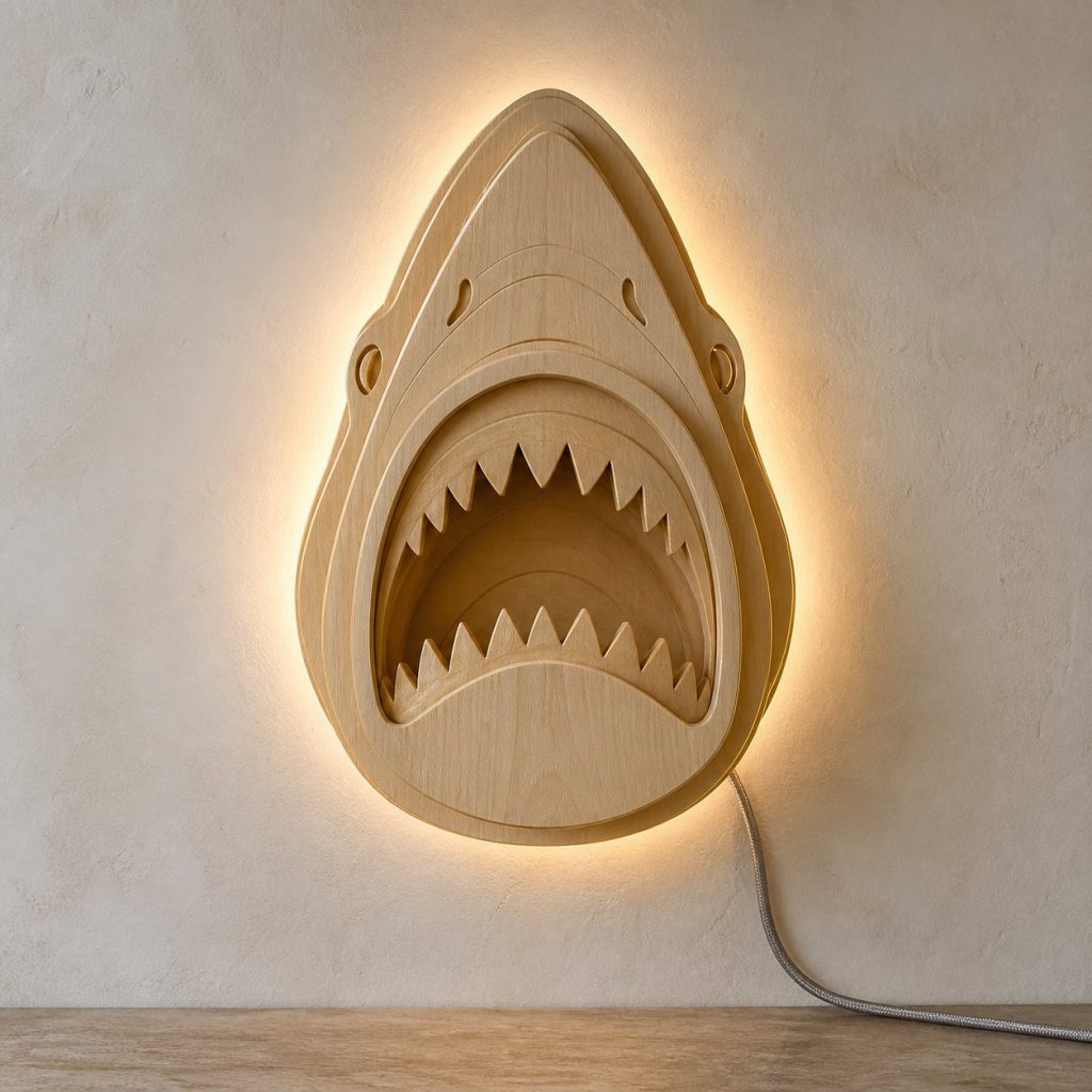 Layered Shark Head Wall Lamp shown as an original square photorealistic shark lamp made from natural light-yellow wood with fine grain and warm diffused light