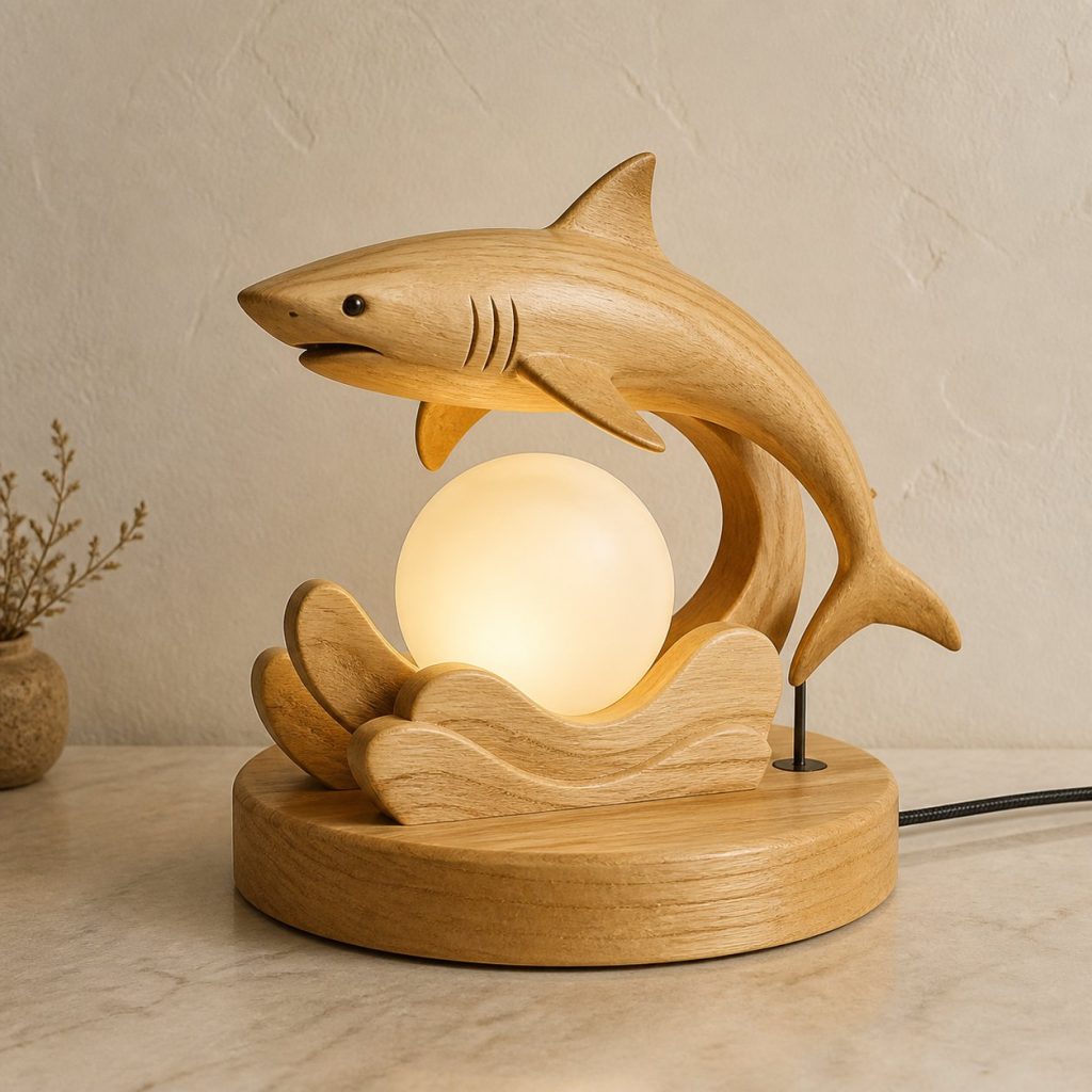 Shark Wave Orb Lamp shown as an original square photorealistic shark lamp made from natural light-yellow wood with fine grain and warm diffused light