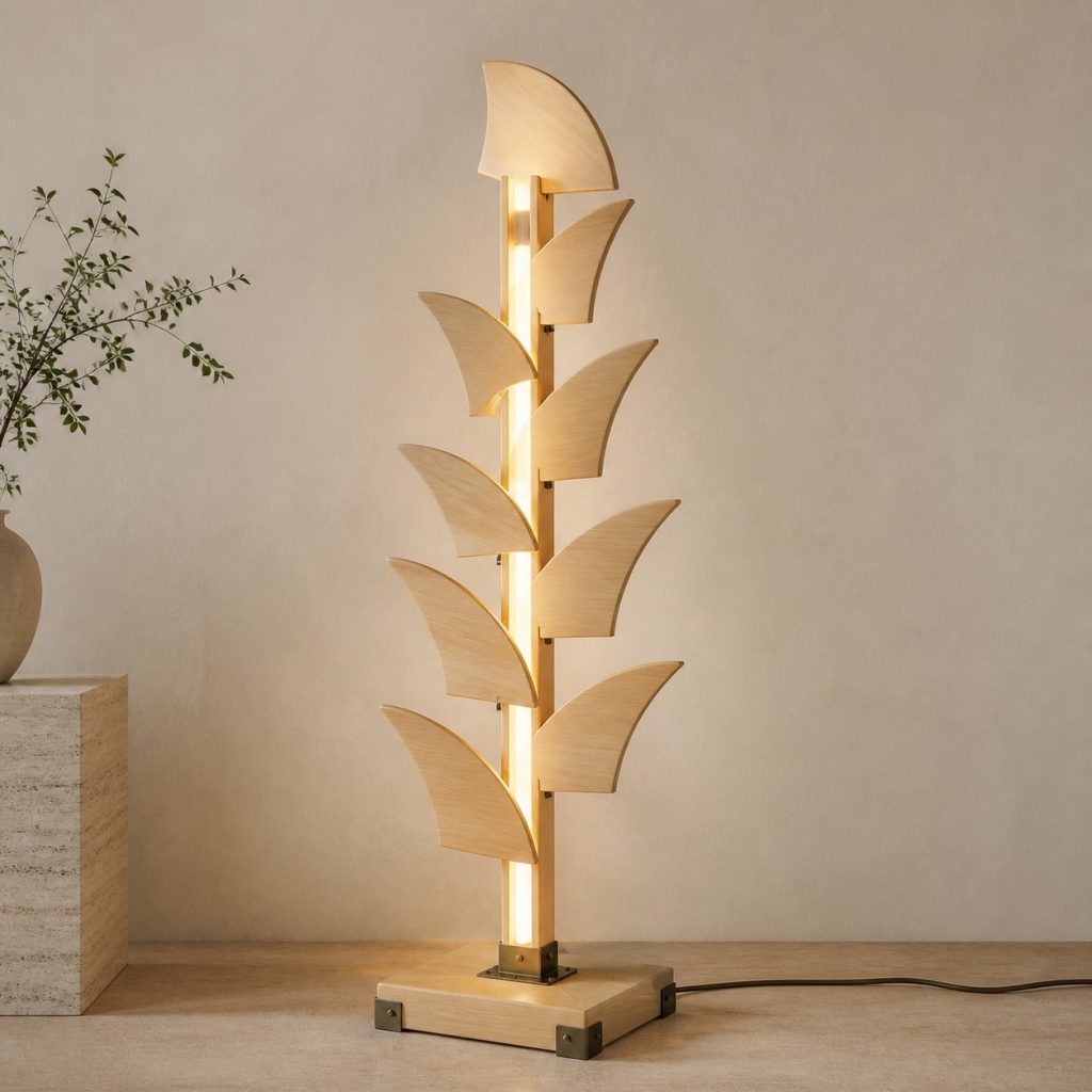 Stacked Shark-Fin Floor Lamp shown as an original square photorealistic shark lamp made from natural light-yellow wood with fine grain and warm diffused light