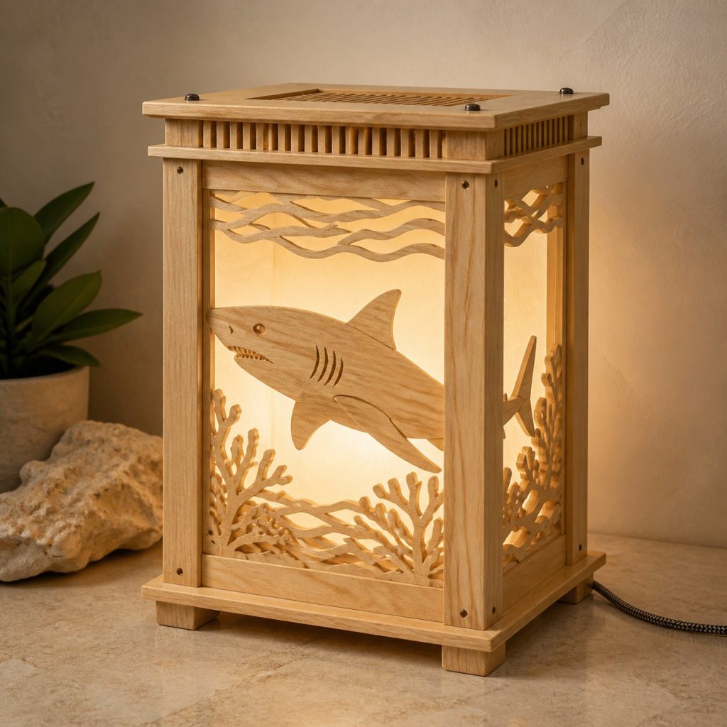 Ocean Shark Lantern shown as an original square photorealistic shark lamp made from natural light-yellow wood with fine grain and warm diffused light