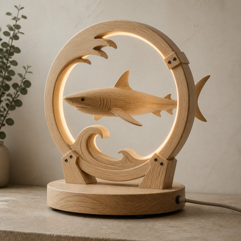Shark-and-Wave Ring Lamp shown as an original square photorealistic shark lamp made from natural light-yellow wood with fine grain and warm diffused light