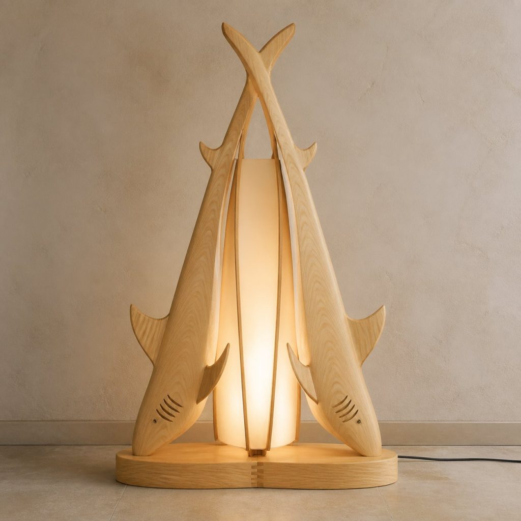 Twin-Fin Shark Floor Lamp shown as an original square photorealistic shark lamp made from natural light-yellow wood with fine grain and warm diffused light