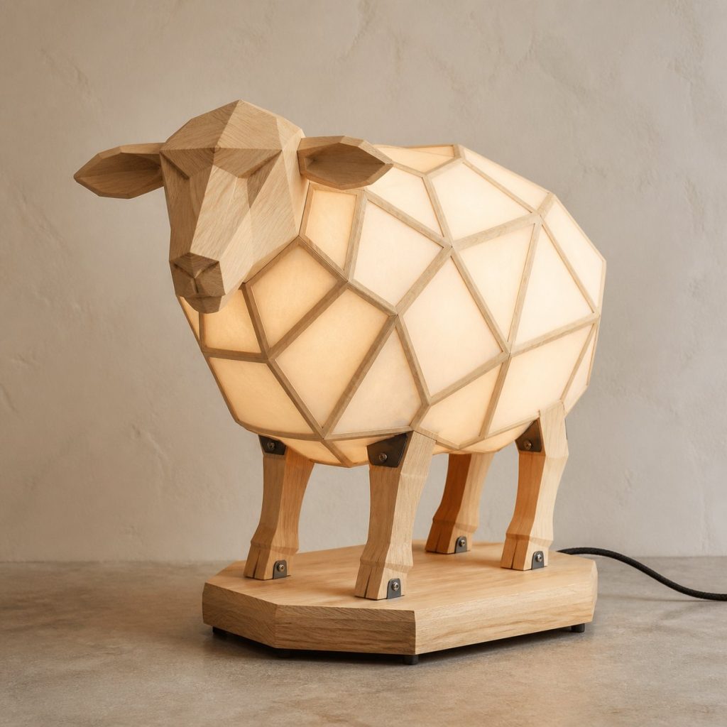 Faceted Sheep Lamp shown as an original square photorealistic sheep lamp made from natural light-yellow wood with fine grain and warm diffused light