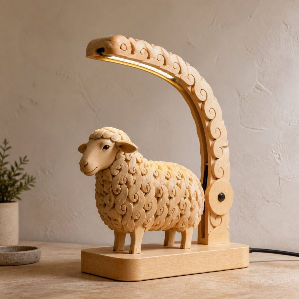 Sheep-Wool Desk Task Lamp shown as an original square photorealistic sheep lamp made from natural light-yellow wood with fine grain and warm diffused light