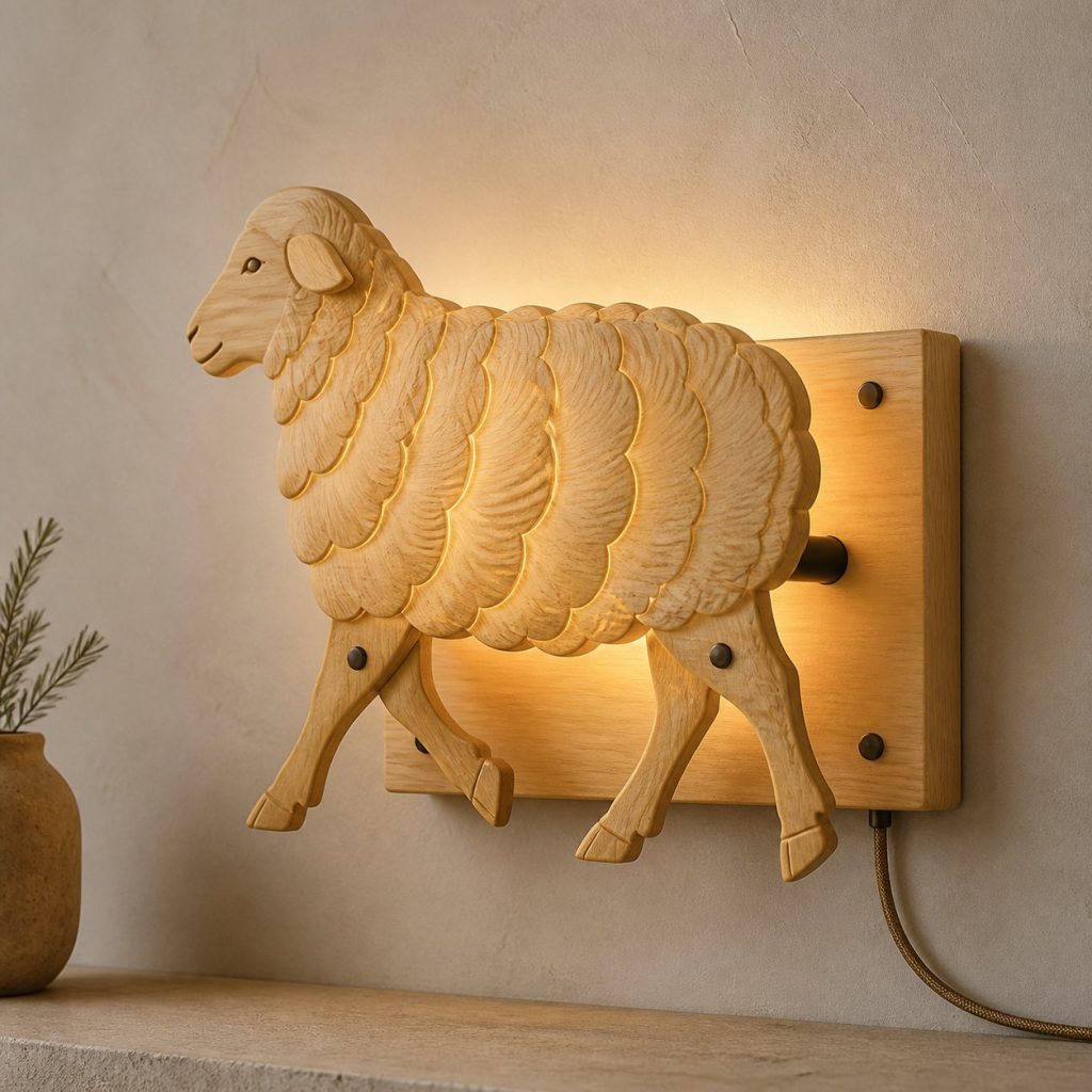 Walking Sheep Wall Sconce shown as an original square photorealistic sheep lamp made from natural light-yellow wood with fine grain and warm diffused light