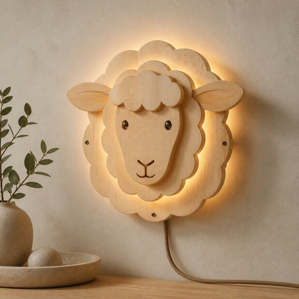 Layered Sheep Face Wall Lamp shown as an original square photorealistic sheep lamp made from natural light-yellow wood with fine grain and warm diffused light