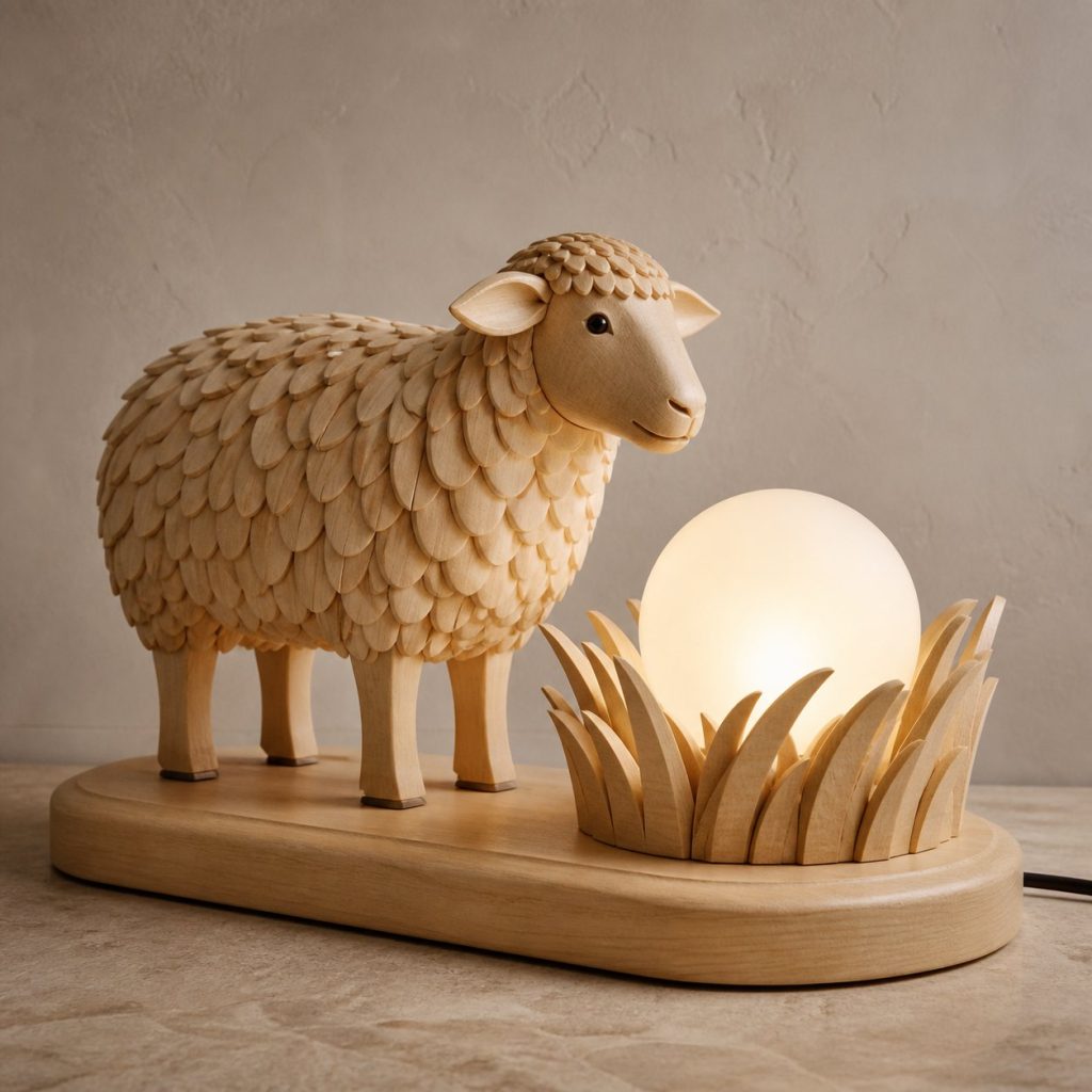 Sheep Meadow Orb Lamp shown as an original square photorealistic sheep lamp made from natural light-yellow wood with fine grain and warm diffused light