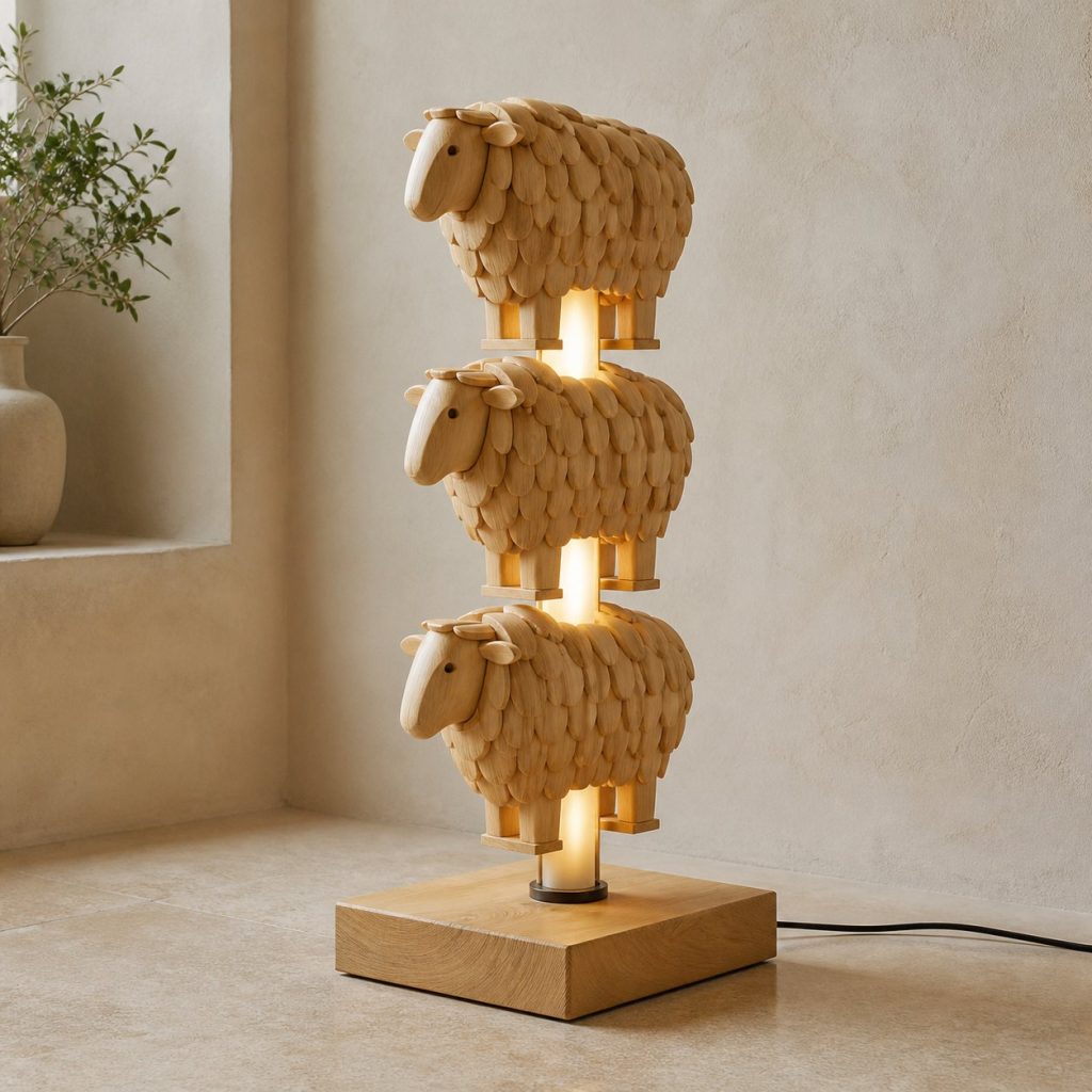 Stacked Sheep Floor Lamp shown as an original square photorealistic sheep lamp made from natural light-yellow wood with fine grain and warm diffused light