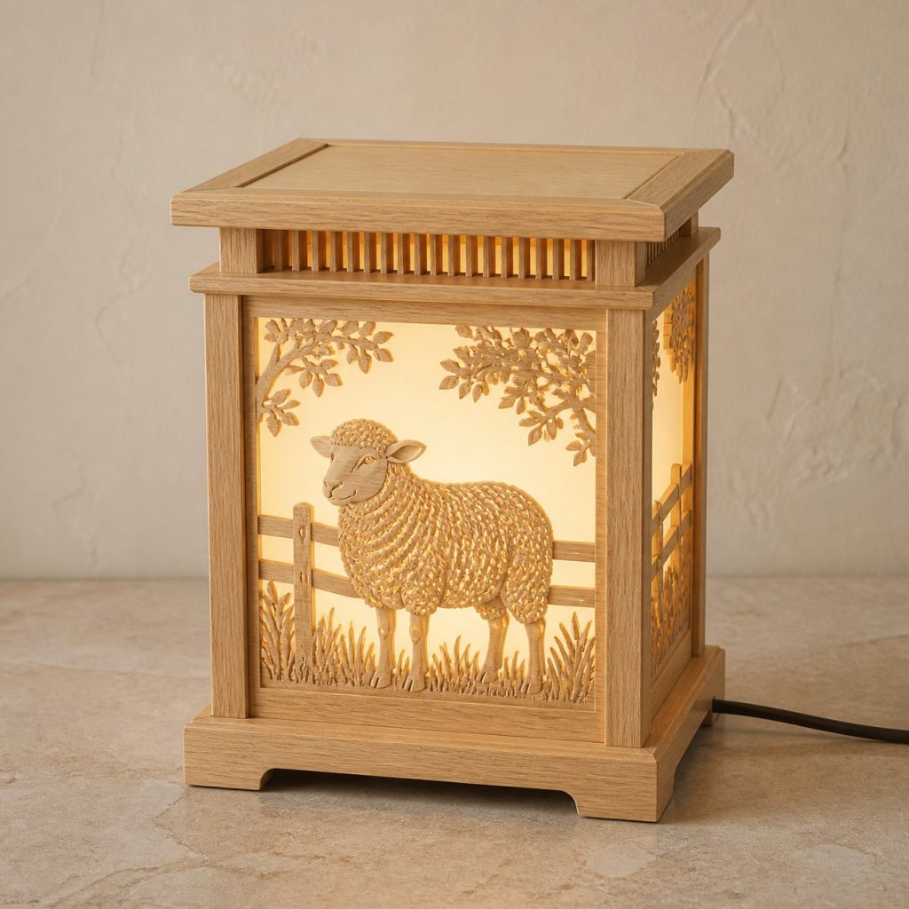 Pasture Sheep Lantern shown as an original square photorealistic sheep lamp made from natural light-yellow wood with fine grain and warm diffused light