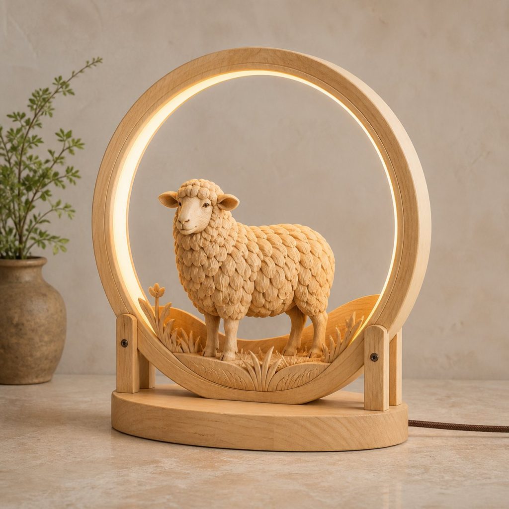 Sheep-and-Meadow Ring Lamp shown as an original square photorealistic sheep lamp made from natural light-yellow wood with fine grain and warm diffused light