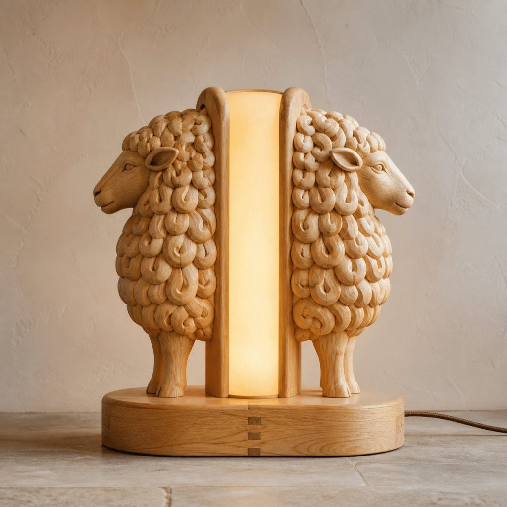 Twin-Wool Sheep Floor Lamp shown as an original square photorealistic sheep lamp made from natural light-yellow wood with fine grain and warm diffused light