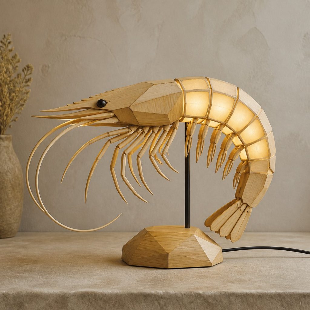 Faceted Shrimp Lamp shown as an original square photorealistic shrimp lamp made from natural light-yellow wood with fine grain and warm diffused light