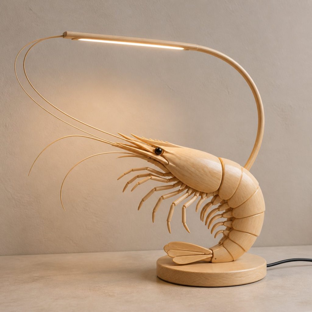 Shrimp-Antenna Desk Task Lamp shown as an original square photorealistic shrimp lamp made from natural light-yellow wood with fine grain and warm diffused light