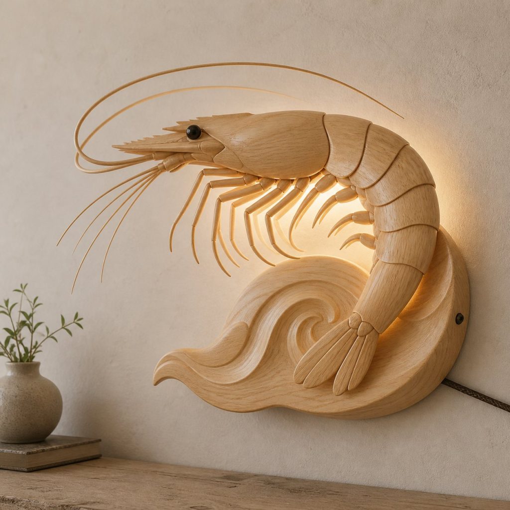 Swimming Shrimp Wall Sconce shown as an original square photorealistic shrimp lamp made from natural light-yellow wood with fine grain and warm diffused light