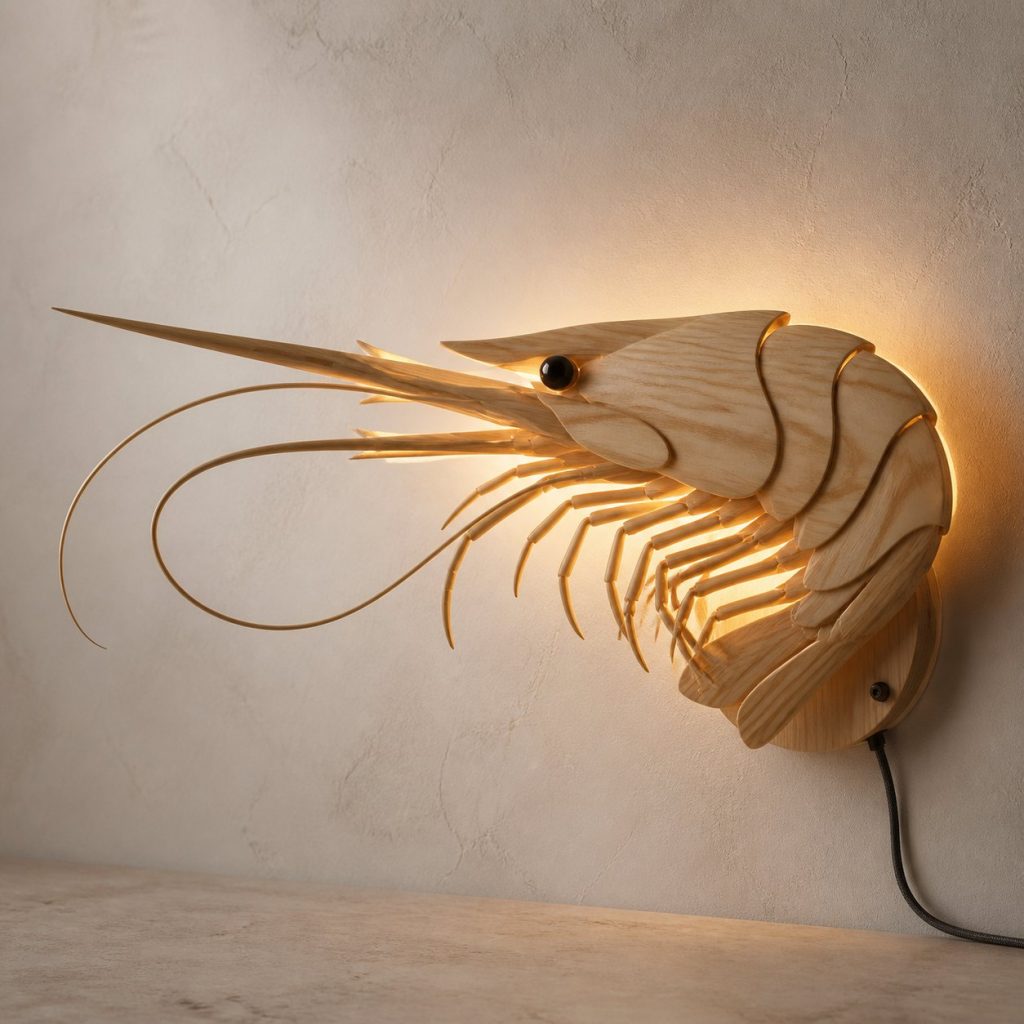 Layered Shrimp Head Wall Lamp shown as an original square photorealistic shrimp lamp made from natural light-yellow wood with fine grain and warm diffused light