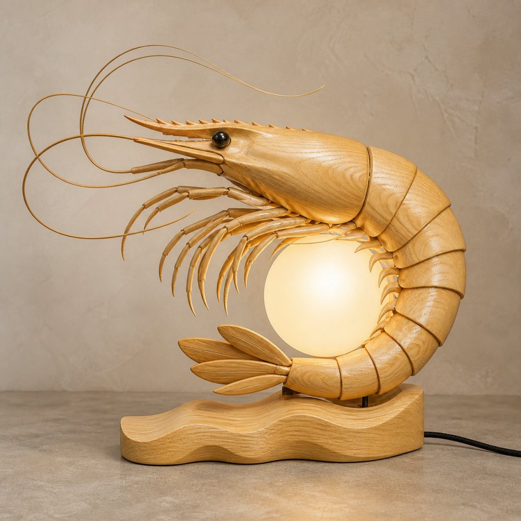 Shrimp Pearl Orb Lamp shown as an original square photorealistic shrimp lamp made from natural light-yellow wood with fine grain and warm diffused light