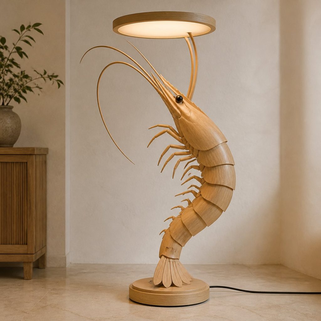 Spiral Shrimp Floor Lamp shown as an original square photorealistic shrimp lamp made from natural light-yellow wood with fine grain and warm diffused light