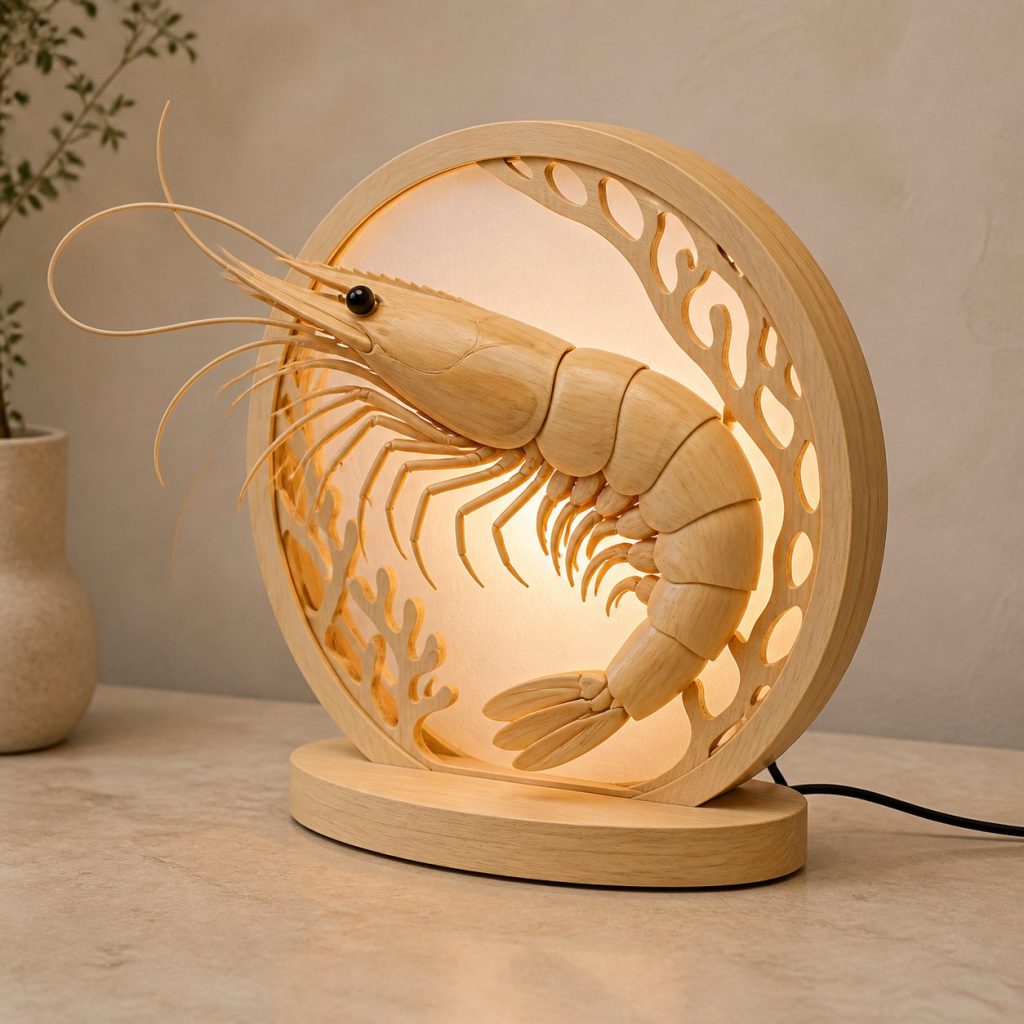 Reef Shrimp Lantern shown as an original square photorealistic shrimp lamp made from natural light-yellow wood with fine grain and warm diffused light