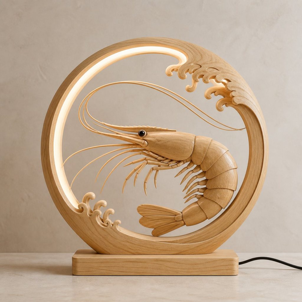 Shrimp Wave-Ring Lamp shown as an original square photorealistic shrimp lamp made from natural light-yellow wood with fine grain and warm diffused light