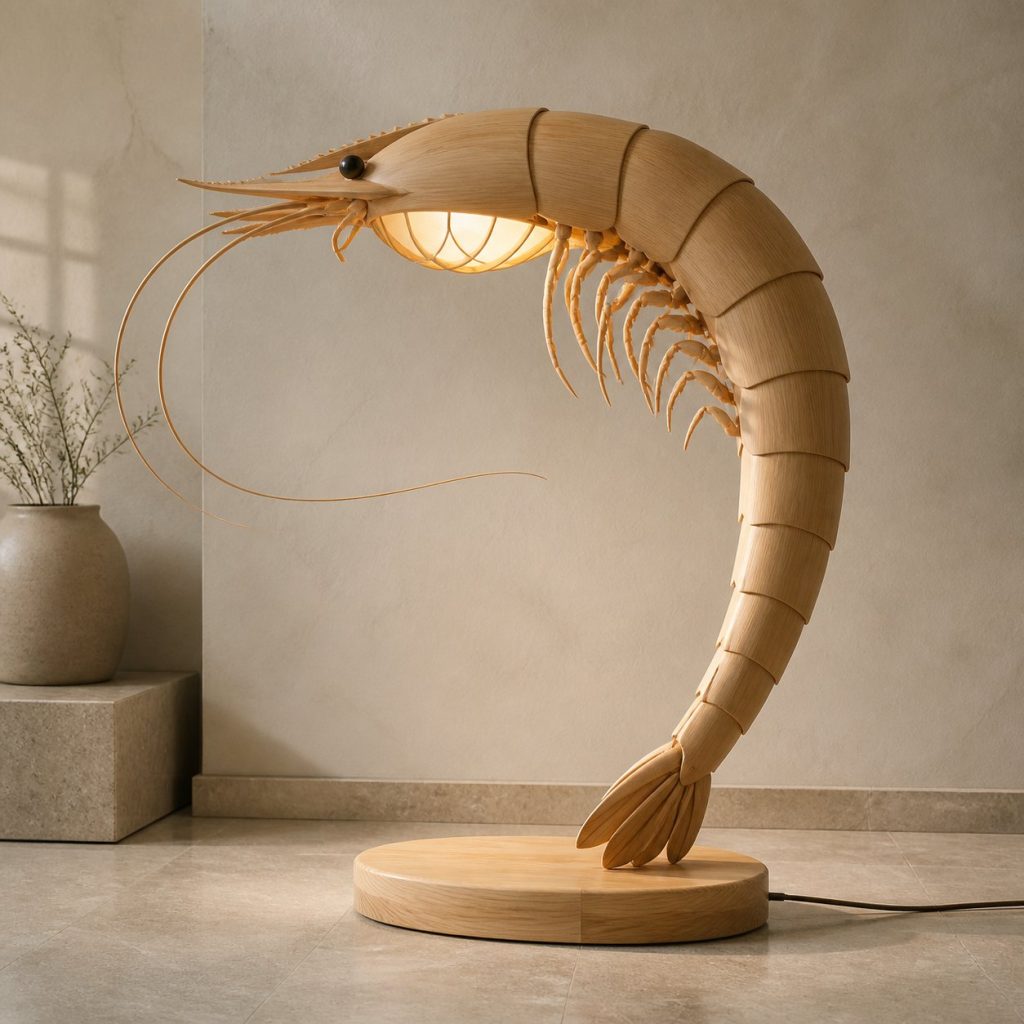 Arching Shrimp Floor Lamp shown as an original square photorealistic shrimp lamp made from natural light-yellow wood with fine grain and warm diffused light