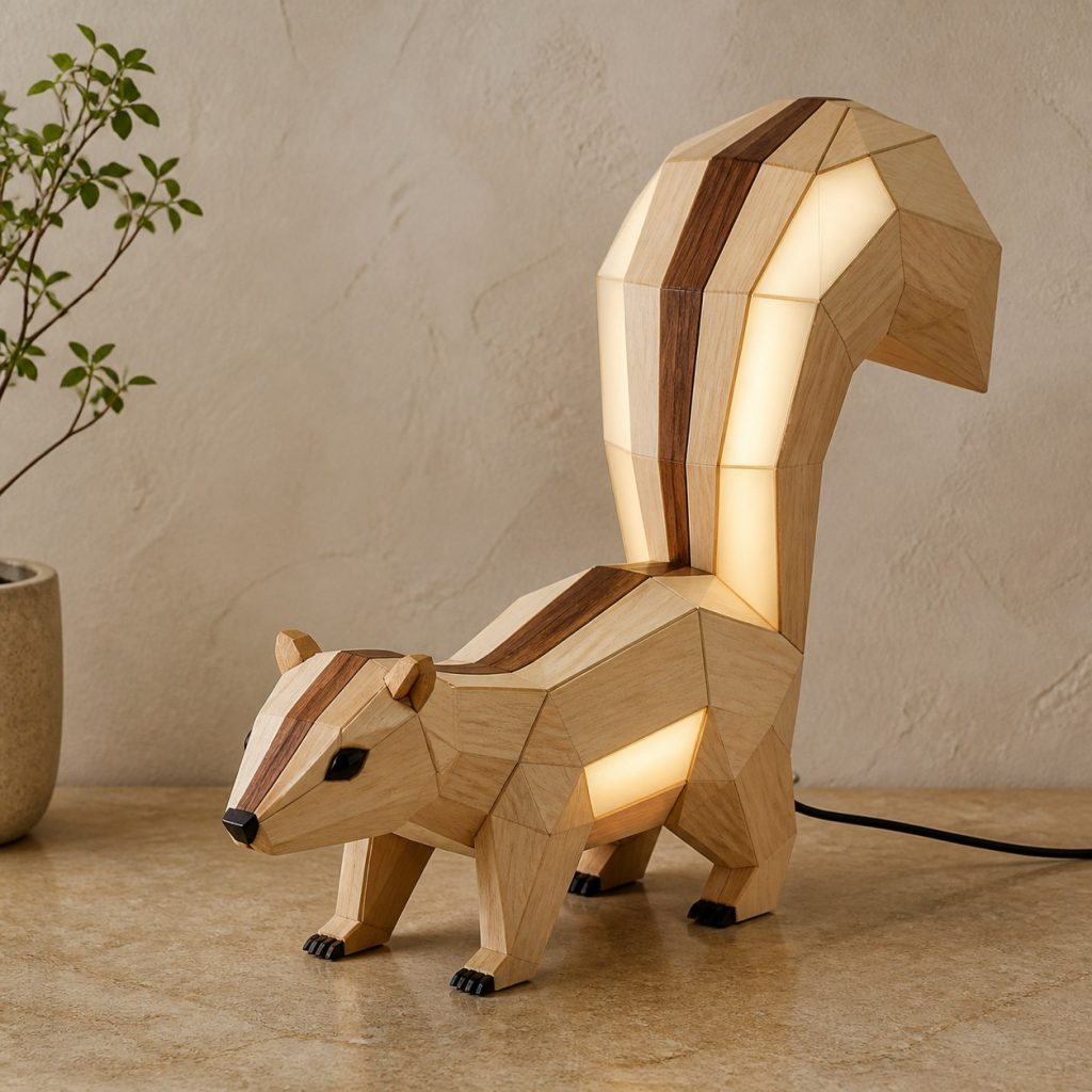 Faceted Skunk Lamp shown as an original square photorealistic skunk lamp made from natural light-yellow wood with fine grain and warm diffused light