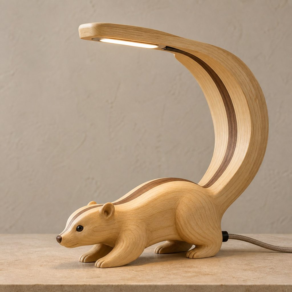 Skunk-Tail Desk Task Lamp shown as an original square photorealistic skunk lamp made from natural light-yellow wood with fine grain and warm diffused light