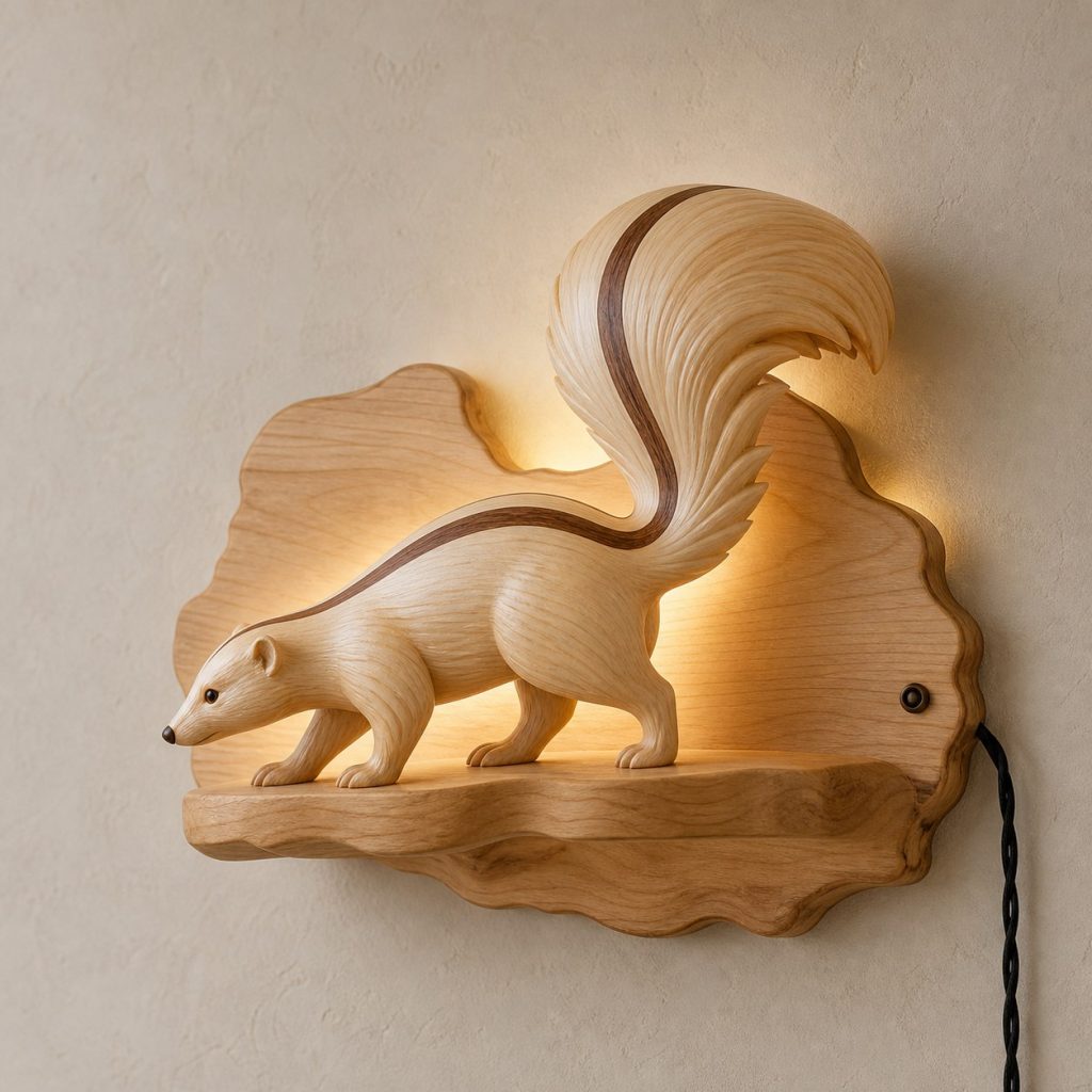 Walking Skunk Wall Sconce shown as an original square photorealistic skunk lamp made from natural light-yellow wood with fine grain and warm diffused light