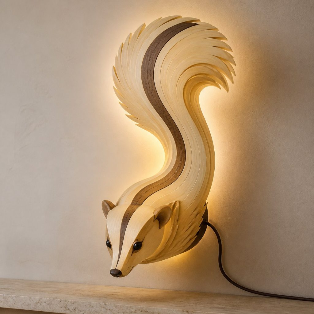 Layered Skunk Face Wall Lamp shown as an original square photorealistic skunk lamp made from natural light-yellow wood with fine grain and warm diffused light