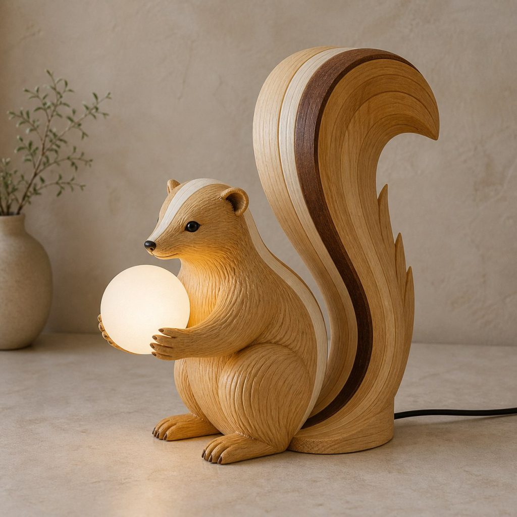 Skunk Orb Lamp shown as an original square photorealistic skunk lamp made from natural light-yellow wood with fine grain and warm diffused light