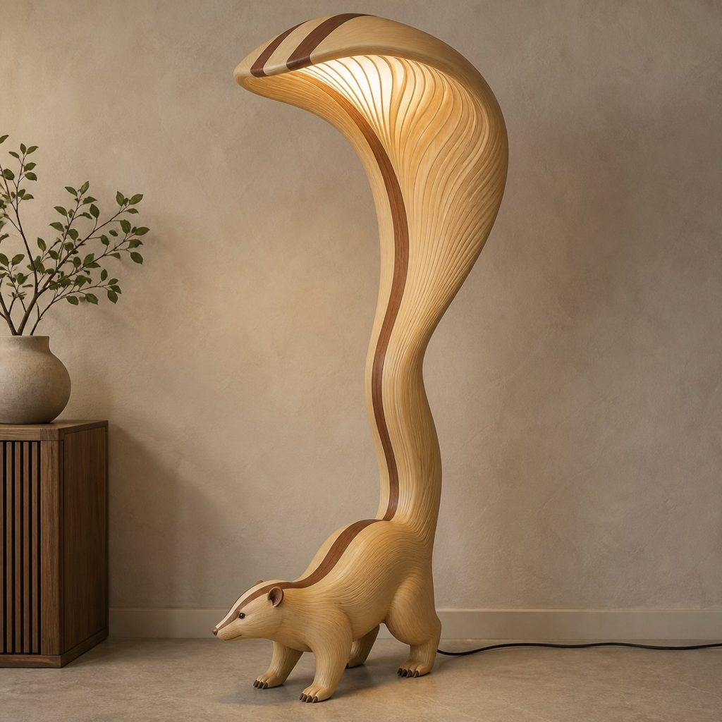 Tall Skunk Floor Lamp shown as an original square photorealistic skunk lamp made from natural light-yellow wood with fine grain and warm diffused light