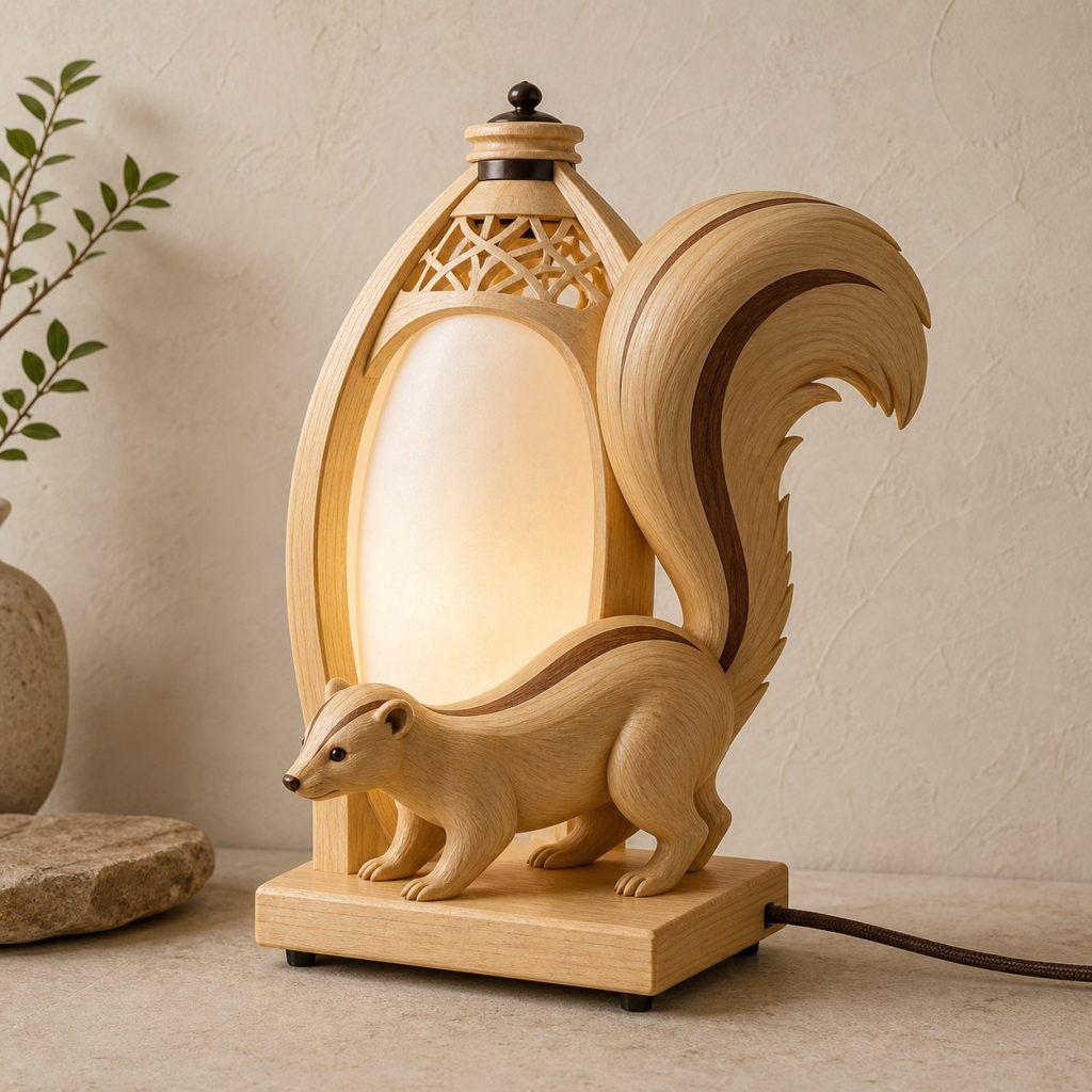 Woodland Skunk Lantern shown as an original square photorealistic skunk lamp made from natural light-yellow wood with fine grain and warm diffused light