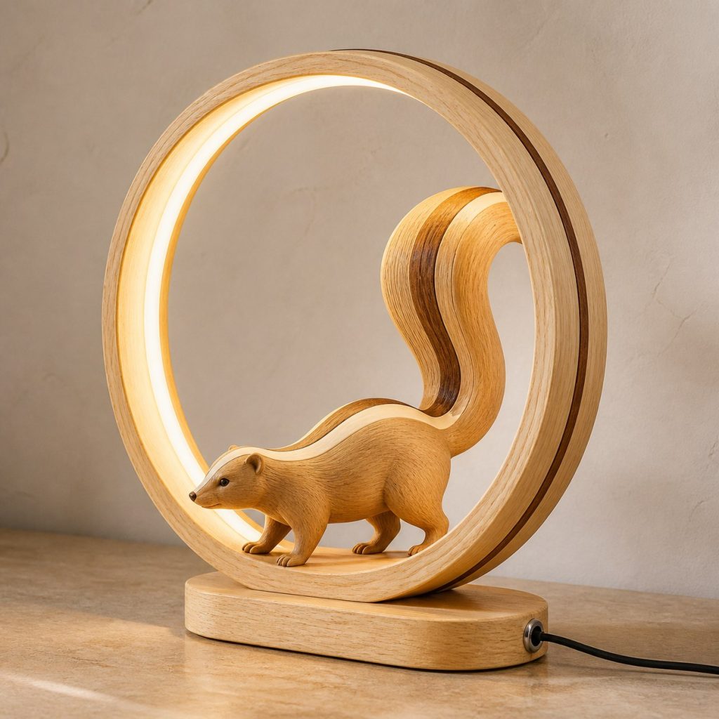 Skunk Tail-Ring Lamp shown as an original square photorealistic skunk lamp made from natural light-yellow wood with fine grain and warm diffused light