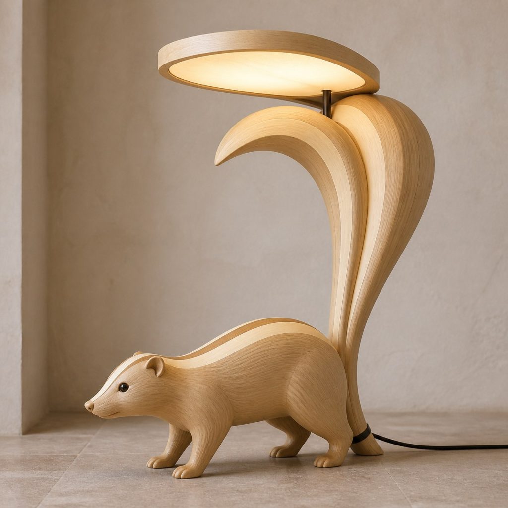 Paired-Tail Skunk Floor Lamp shown as an original square photorealistic skunk lamp made from natural light-yellow wood with fine grain and warm diffused light