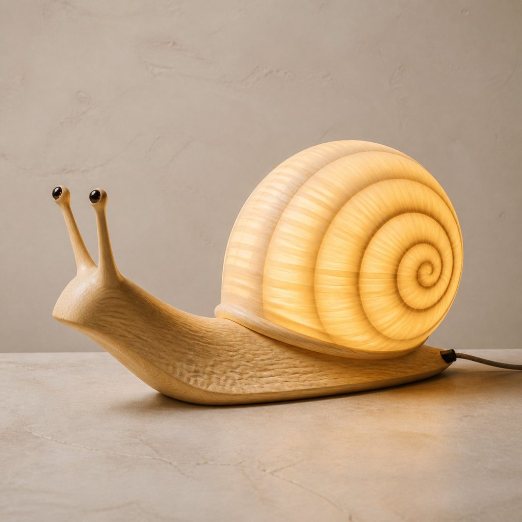 Glowing Spiral Snail Table Lamp shown as an original square photorealistic snail lamp made from natural light-yellow wood with fine grain and warm diffused light