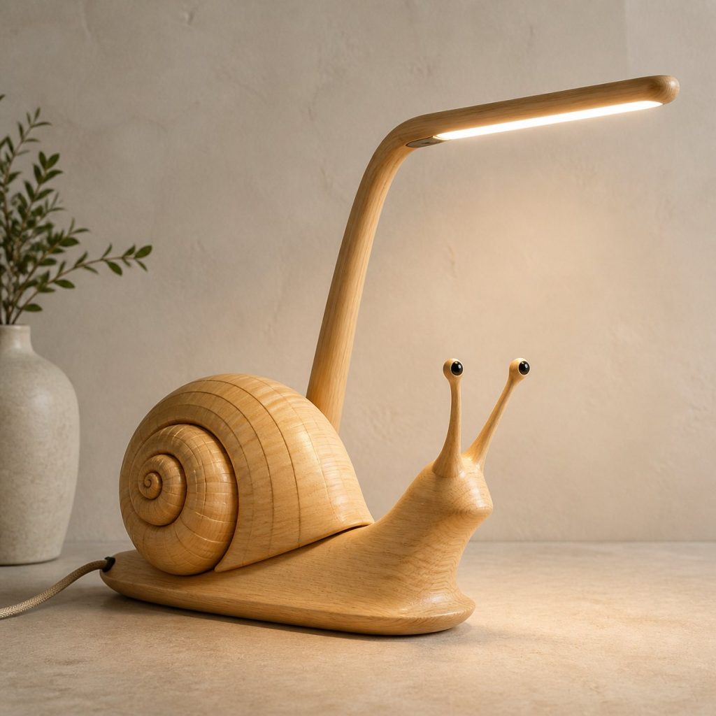 Snail-Eyestalk Desk Task Lamp shown as an original square photorealistic snail lamp made from natural light-yellow wood with fine grain and warm diffused light