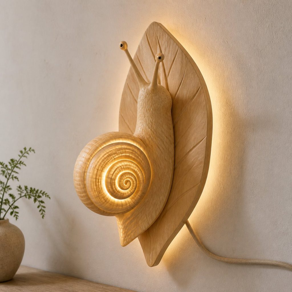Climbing Snail Wall Sconce shown as an original square photorealistic snail lamp made from natural light-yellow wood with fine grain and warm diffused light