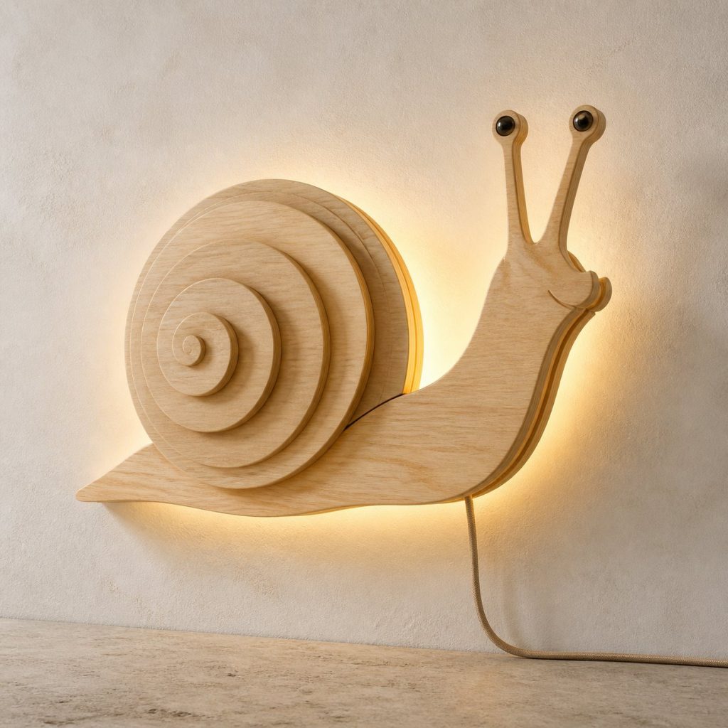 Layered Snail Wall Lamp shown as an original square photorealistic snail lamp made from natural light-yellow wood with fine grain and warm diffused light