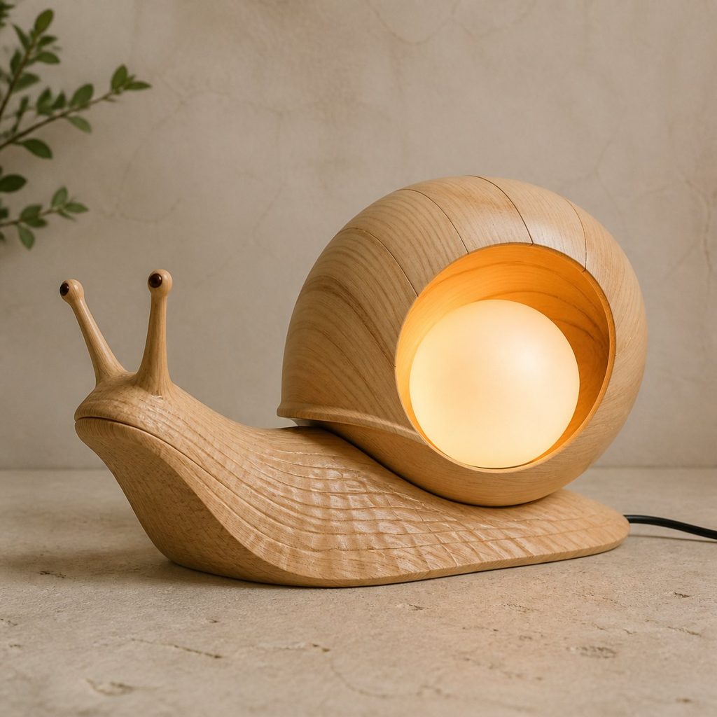Snail Orb Lamp shown as an original square photorealistic snail lamp made from natural light-yellow wood with fine grain and warm diffused light