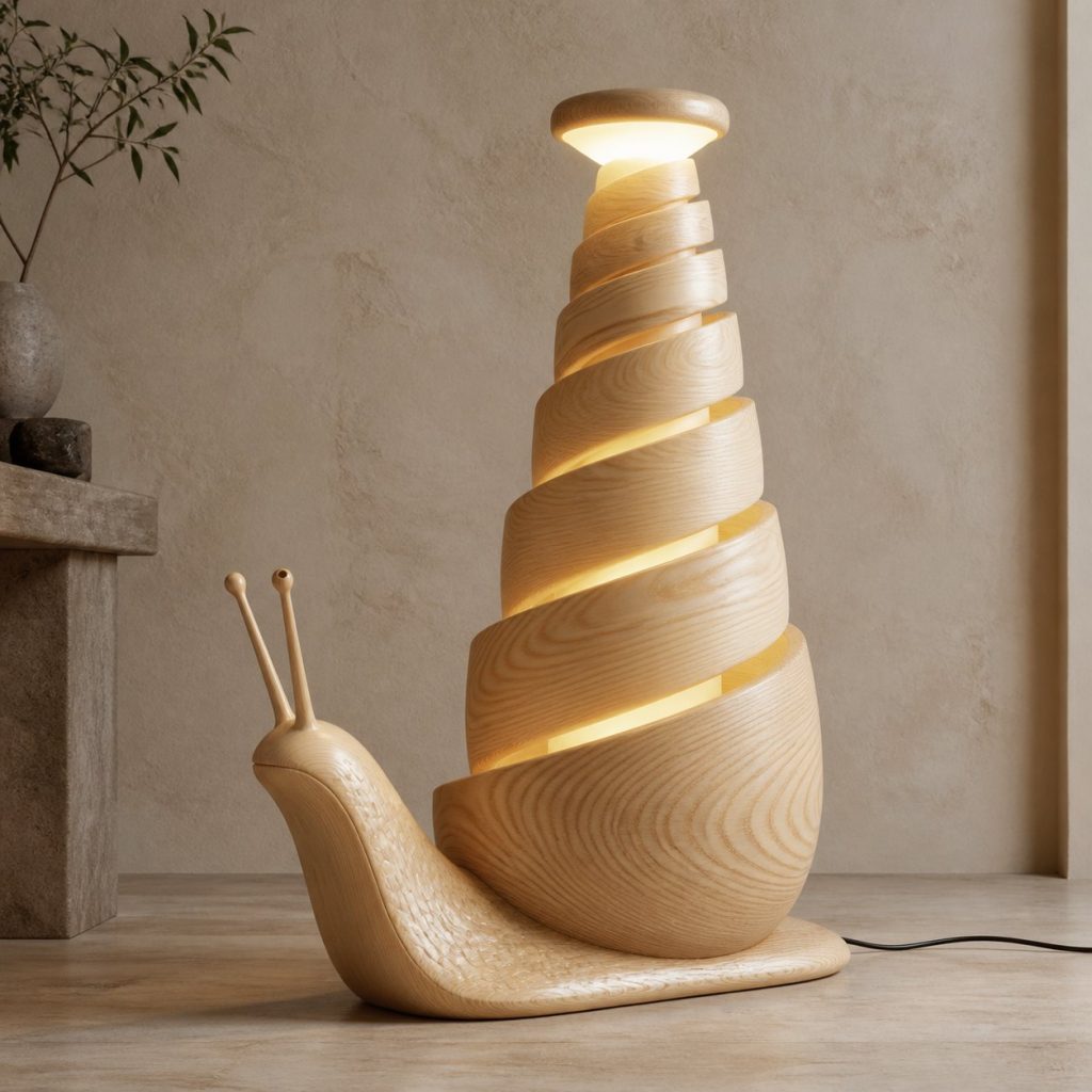 Stacked Spiral Snail Floor Lamp shown as an original square photorealistic snail lamp made from natural light-yellow wood with fine grain and warm diffused light
