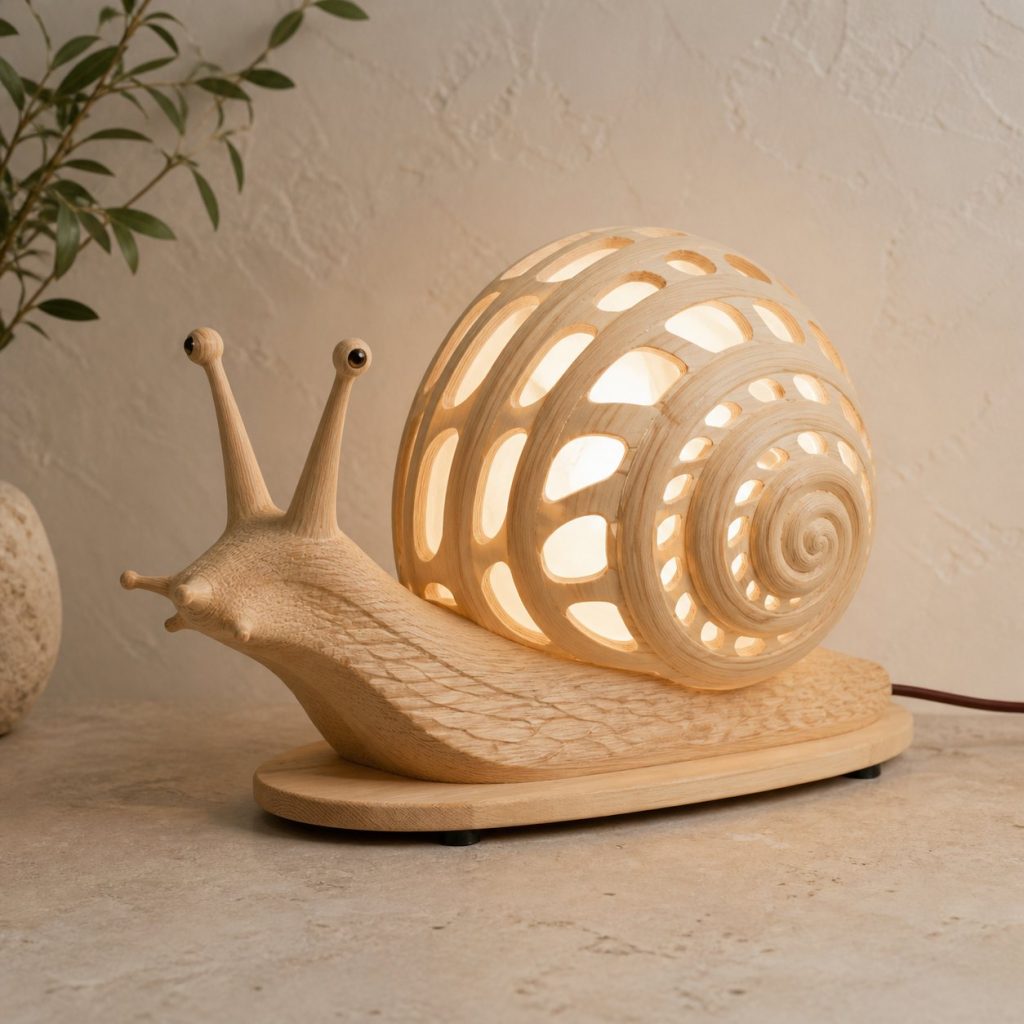 Garden Snail Lantern shown as an original square photorealistic snail lamp made from natural light-yellow wood with fine grain and warm diffused light