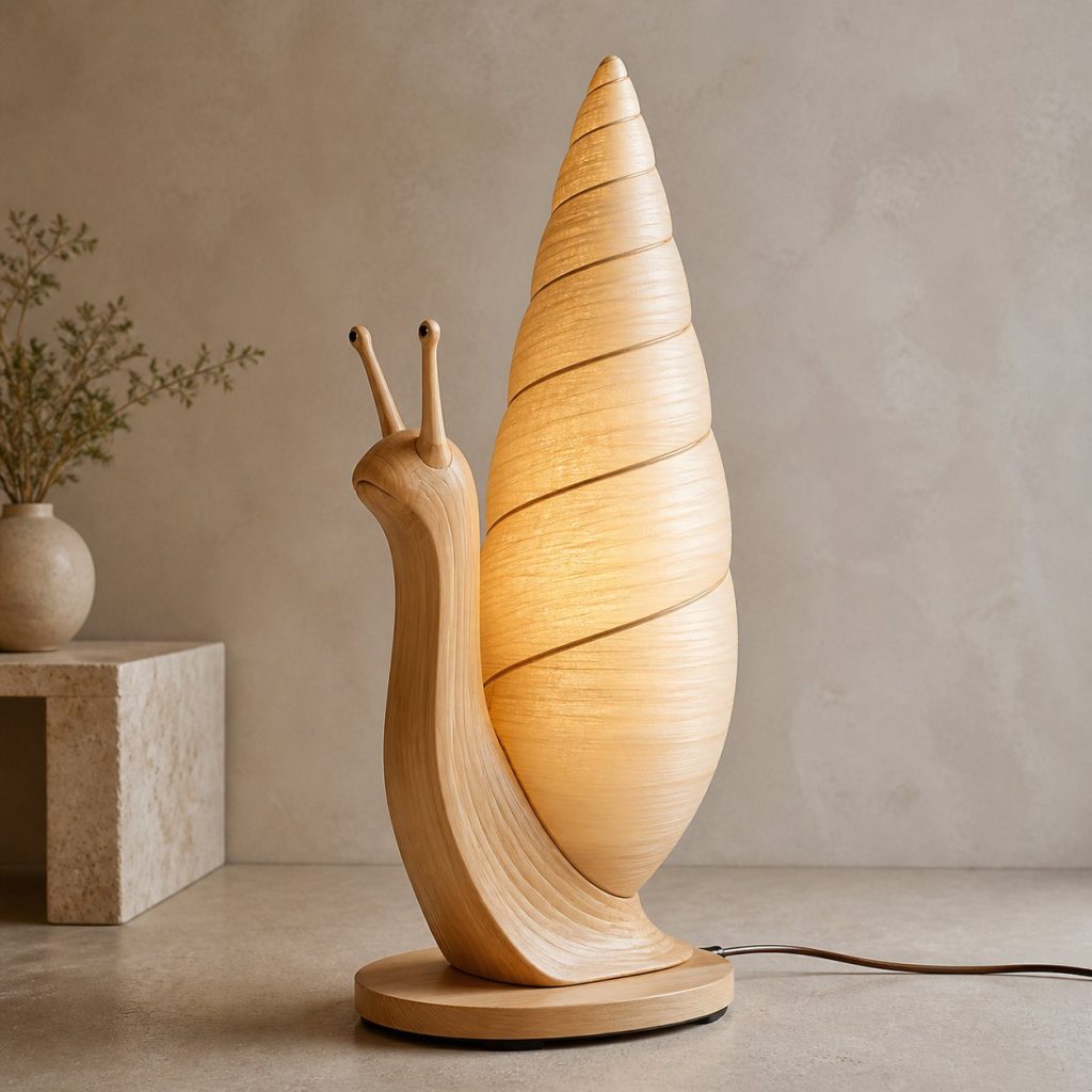 Tall-Shell Snail Floor Lamp shown as an original square photorealistic snail lamp made from natural light-yellow wood with fine grain and warm diffused light