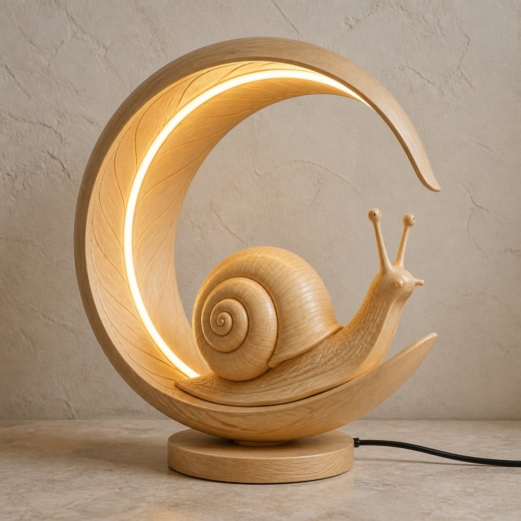 Snail Leaf-Ring Lamp shown as an original square photorealistic snail lamp made from natural light-yellow wood with fine grain and warm diffused light