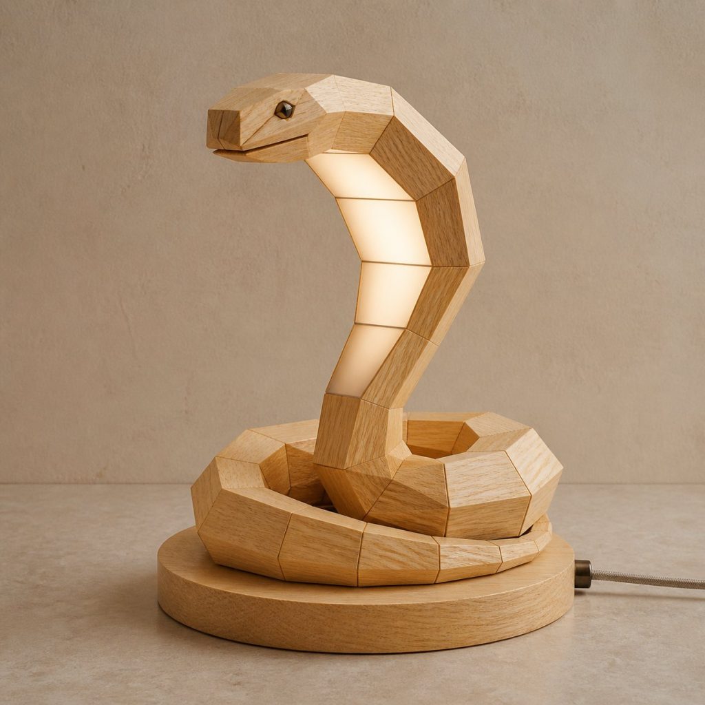Faceted Snake Lamp shown as an original square photorealistic snake lamp made from natural light-yellow wood with fine grain and warm diffused light