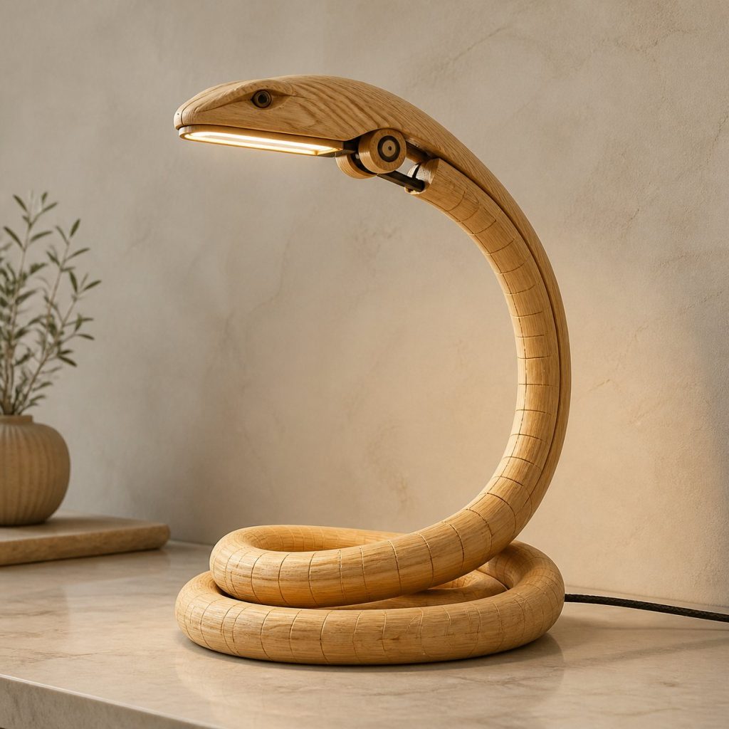 Cobra-Neck Desk Task Lamp shown as an original square photorealistic snake lamp made from natural light-yellow wood with fine grain and warm diffused light