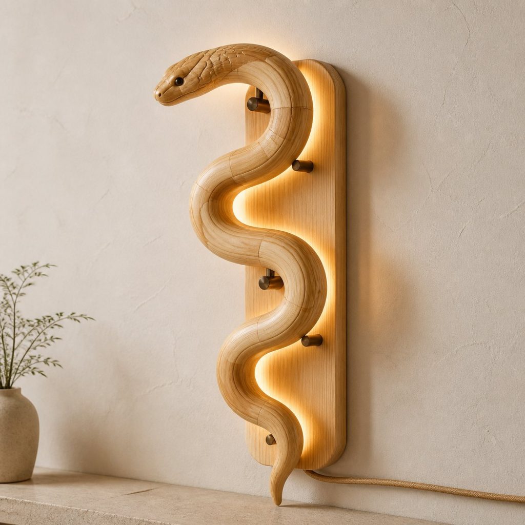 Winding Snake Wall Sconce shown as an original square photorealistic snake lamp made from natural light-yellow wood with fine grain and warm diffused light
