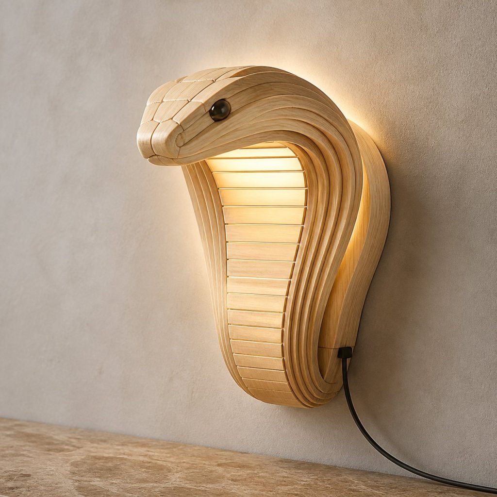 Layered Snake Head Wall Lamp shown as an original square photorealistic snake lamp made from natural light-yellow wood with fine grain and warm diffused light