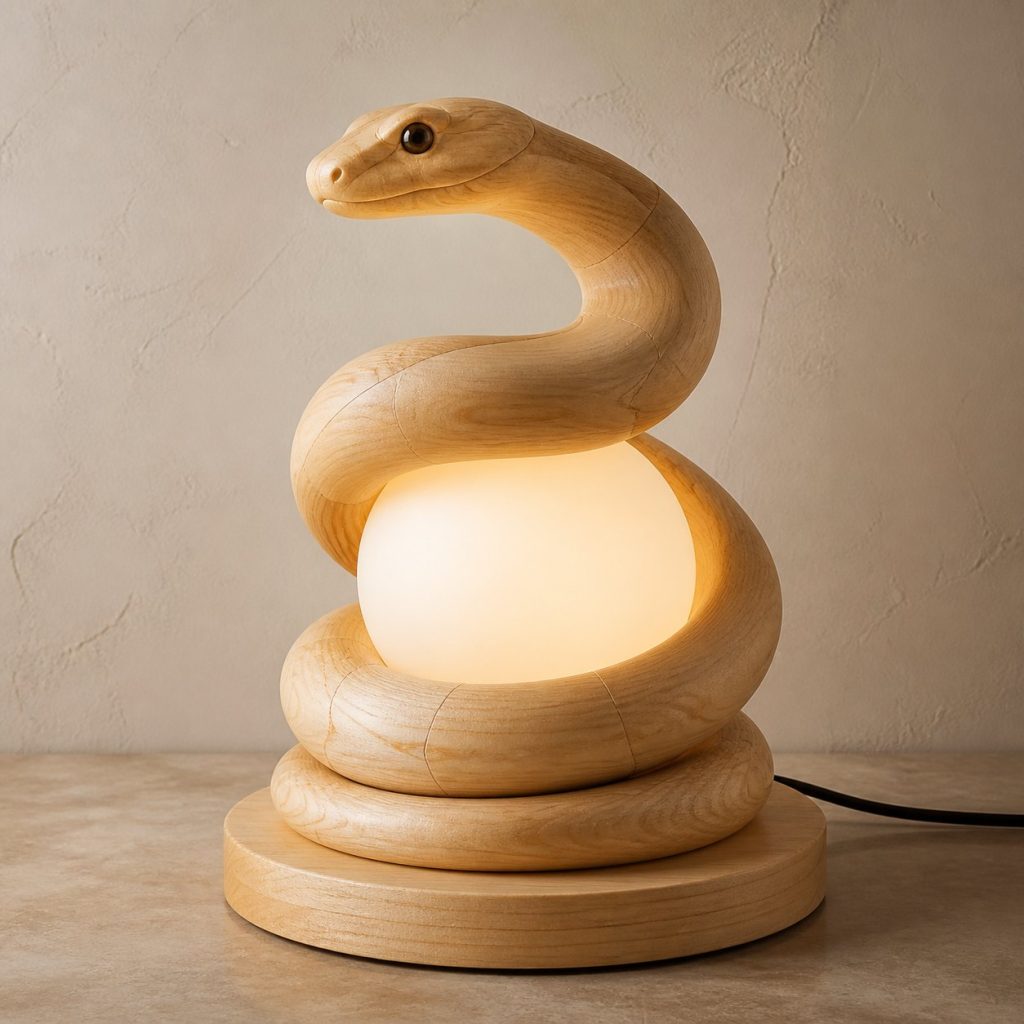 Snake Orb Lamp shown as an original square photorealistic snake lamp made from natural light-yellow wood with fine grain and warm diffused light