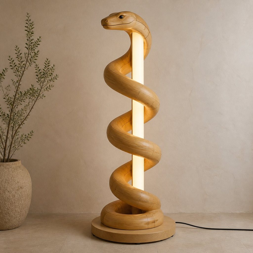 Spiral Snake Floor Lamp shown as an original square photorealistic snake lamp made from natural light-yellow wood with fine grain and warm diffused light